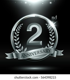 Template silver logo 2nd anniversary with ring and laurel branches on dark background