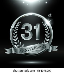 Template silver logo 31st anniversary with ring and laurel branches on dark background