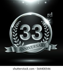 Template silver logo 33rd anniversary with ring and laurel branches on dark background