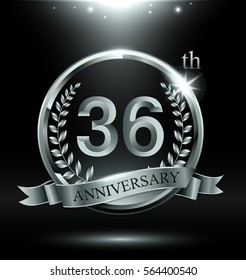 Template silver logo 36th anniversary with ring and laurel branches on dark background