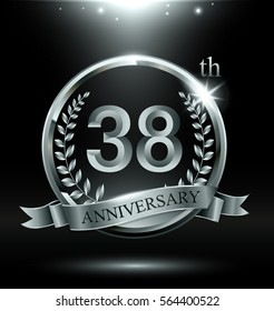 Template silver logo 38th anniversary with ring and laurel branches on dark background