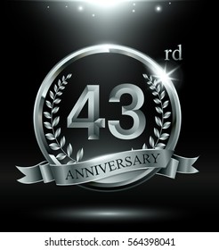 Template silver logo 43rd anniversary with ring and laurel branches on dark background