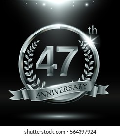 Template silver logo 47th anniversary with ring and laurel branches on dark background