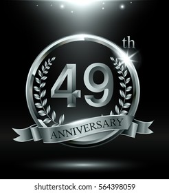 Template silver logo 49th anniversary with ring and laurel branches on dark background
