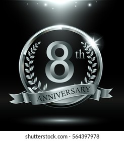 Template silver logo 8th anniversary with ring and laurel branches on dark background