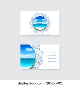 Template of simple business card with decorative ornament, starfish and seashells. Template of business card for travel agency. Abstract vector summer background on a sea subject.