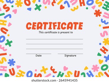 Template of simple colorful modern minimalist cute design of kids certificate or diploma with geometric shapes on light background, vector illustration, flat style