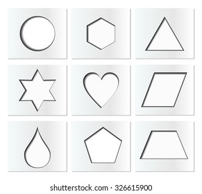 Template for simple geometric shapes with inner shadow - circle, hexagon, triangle, star, heart, drop, pentagon, trapezoid, rhomboid. Nine isolated paper cut blocks in EPS10 vector. 