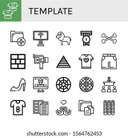 template simple icons set. Contains such icons as Shirts, Add, Computer, Lion, Badge, Bones, Brick wall, Super, Pyramid, Tshirt, Shorts, High heels, can be used for web, mobile and logo