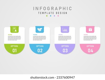 Template simple infographic 4 options square business with multi colored pastel semicircles Middle letters on white background, white numbers below, white icons above, gray gradient background.