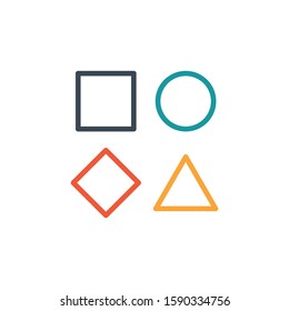 Template of simple linear geometrical logo with triangle, square circle and rhombus in different colors. Stock Vector illustration isolated on white background.