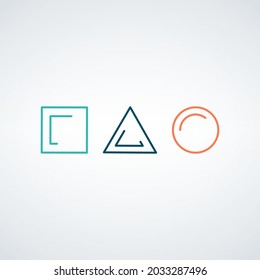Plantilla de logotipo geométrico lineal simple con triángulo, círculo cuadrado en colores diferentes. Ilustración vectorial de material aislado en fondo blanco.