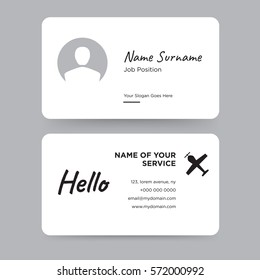 Template of simple personal card for airline pilot with black plane and aircraft icon vector and hello word on gray background