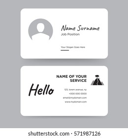 Template of simple personal card with black mountain volcano icon vector and hello word on gray background