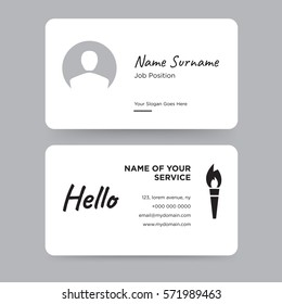 Template of simple personal card with black flame icon vector and hello word on gray background