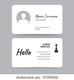 Template of simple personal card with black chess figure icon vector and hello word on gray background