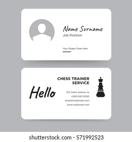 Template of simple personal card with black chess figure icon vector and hello word on gray background