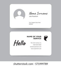 Template of simple personal card with black hurricane icon vector and hello word on gray background