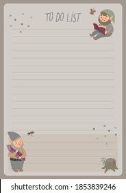 A template for simple planners and to-do lists for kids with cute illustrations in pastel colors with gnomes. Planners, schedules, agenda, checklists, and other baby stationery.