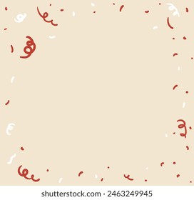 Template with simple streamers and confetti in doodle style with blank space in the center and pale yellow background.