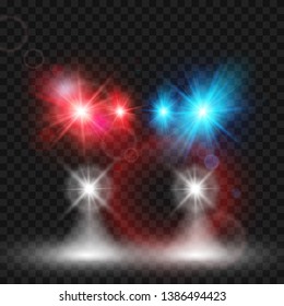 Template of Siren police car front view. Headlights and flasher red and blue colors. Vector illustration