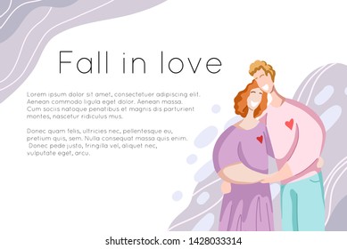 Template of site banner with happy couple hugging and laughing with place for text. Relationships and love. Flat modern family people. Vector element for cards, invitations and your design