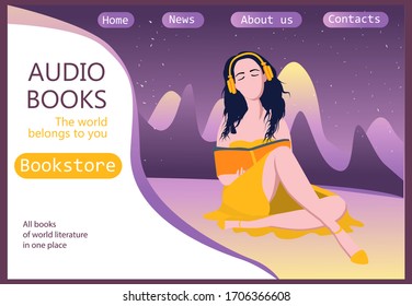 Template for the site. Electronic or audio books. . Audio media and books landing page page template. Vector illustration people with books and headphones, people listening to audio books 