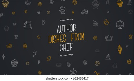 Template of a site header with white and orange icons for food and drinks, for author's dishes from the chef. Banner design with black background