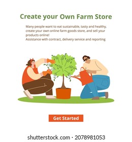 Template for the site. Man and woman take care of the planted tree, water and prune branches. Flat cartoon vector illustration