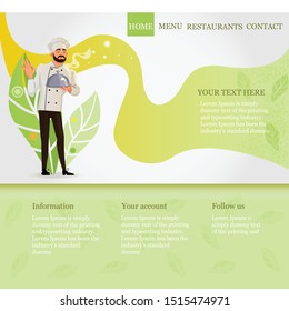 Template for the site of a restaurant, cafe, cooking courses. The design elements on the subject of food, vegetarians, healthy food. The cook is a cartoon character. Vector