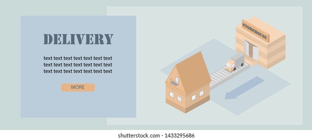 Template for the site for the tab "delivery". Style - isometric. Two colors - blue and brown. The concept of delivery of goods from the warehouse to the house.