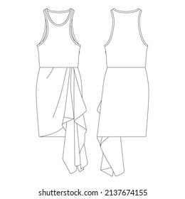 Template sleeveless draped ruffle dress vector illustration flat design outline clothing collection