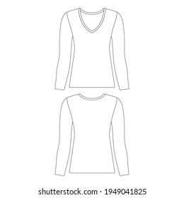 Template slim fit long sleeve v-neck t-shirt women vector illustration flat sketch design outline