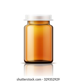 Template of small brown glass bottle with plastic cap. For medical oinment, pills, tabs. Packaging collection. Vector illustration. 