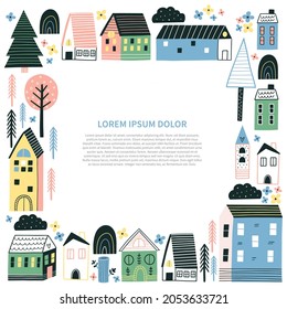 Template with small tiny houses and trees. Flat design.  Hand drawn trendy illustration. 
