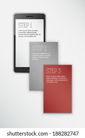 Template for a smartphone interface presentation, or explaining a step by step concept. Three different placeholders to be filled with content. EPS10 vector.
