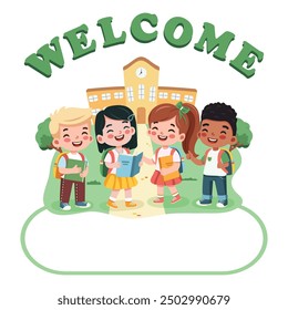 Template with smiling international kids in front of school with a book and a backpack. Back to school concept. Cartoon character in flat design style isolated. Vector illustration