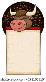 Template with smiling ox head over empty hanging scroll, round button and fireworks display, isolated over white background.