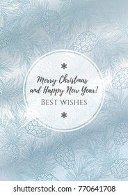 Template of snowy greeting card with pine and conifer ornament on metal background.