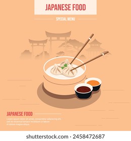 Template, social media banner with Asian food, Xiao long bao. Japanese restaurant concept with Asian architecture. Vector