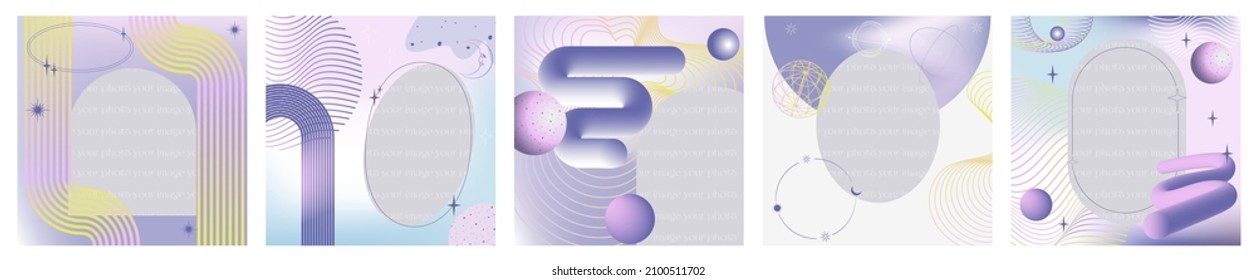 Vorlage für die Sammlung sozialer Medien. Viereckiger Hintergrund. Moderne Farbverlauf-Abstrakte Elemente, Linie, Geometrie Formen, Wellengang, Astrologie-Sings, 3D-Formen. Bearbeitbare Vektorgrafik.