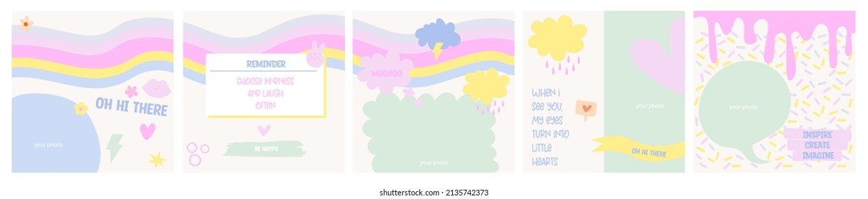 Template For Social Media Collection. Square Post Background. Hippie Colorful Design With Positive Quotes And Fun Elements. Baby Design. Editable Vector Illustration.