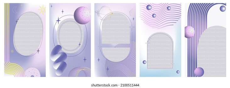 Template For Social Media Collection. Vertical Background. Modern Gradient Abstract Elements, Line, Geometry Shapes, Wave, Astrology Sings, 3d Shapes. Editable Vector Illustration.