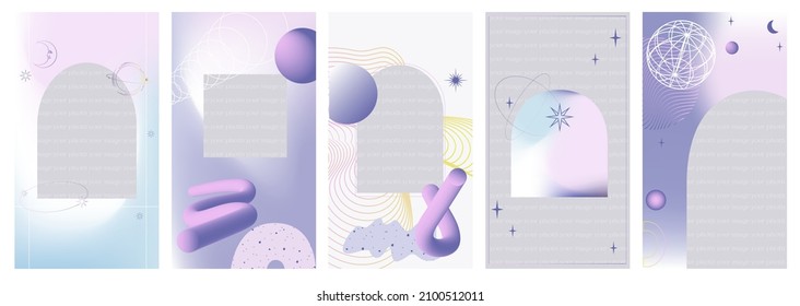 Template for social media collection. Vertical background. Modern gradient abstract elements, Line, Geometry Shapes, Wave, Astrology sings, 3d shapes. Editable Vector Illustration.