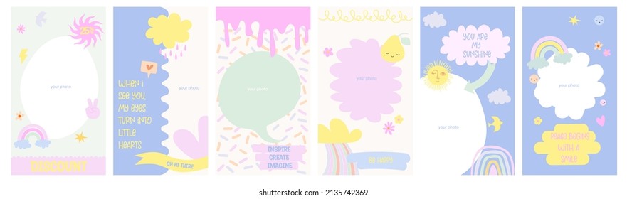 Template For Social Media Collection. Vertical Background. Hippie Colorful Design With Positive Quotes And Fun Elements. Baby Design. Editable Vector Illustration.