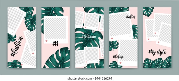 Plantilla para medios sociales con motivos de hoja tropical en fondo rosa. Monstera deliciosa es un patrón principal de todos los proyectos. Todo construido sobre capas y formas editables.