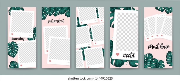 Template for social media with motive tropical leaf on pink background. Monstera deliciosa is a main pattern all project. Everything built on layers and editable shapes.