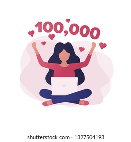 Template for social media networks, happy woman celebrating 100k followers. Sitting with notebook. Trendy gradient flat vector illustration for web landing page, banner, presentation, social media.