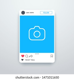 Template social media post blue color with photo camera icon. Social media screen mockup. Blogging. Social media concept. Vector illustration. EPS 10