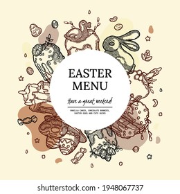 Template for Social Media Post. Boho Menu with Vector Illustrations. Traditional Easter Bakery Cupcake, Cake, Kulich, Chocolate Easter Bunny. Decorative Element Of Ribbon, Lemon, Painted Egg, Candle
